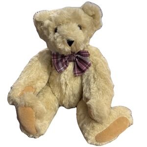 Vermont Teddy Bear Company 16" Blonde Bear Plaid Bow tie Jointed Handmade USA